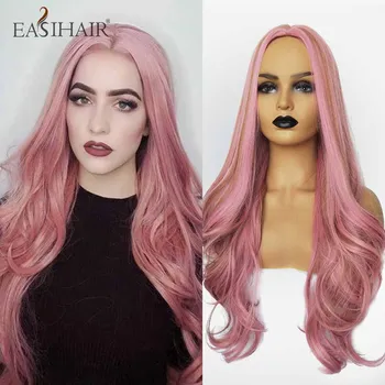 

EASIHAIR Long Wave Pink Wigs for Women Synthetic Wigs Middle Part Colorful Hair High Temperature Cosplay Wigs Heat Resistant