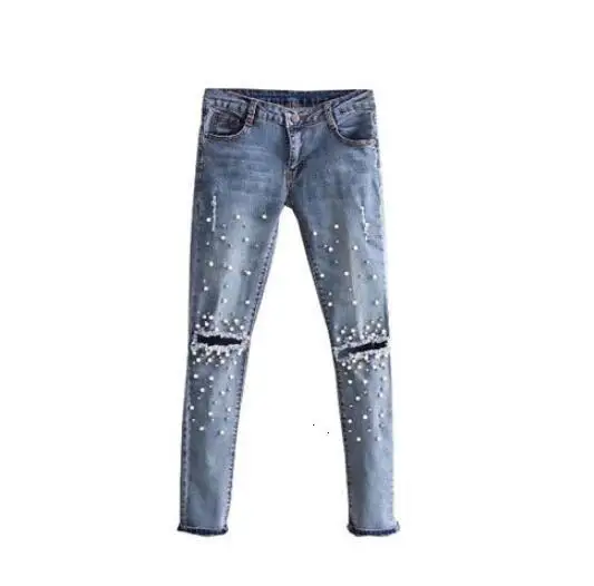 Женская мода рваные перламутровые тонкие джинсы Broek Boyfriend для девушек женские