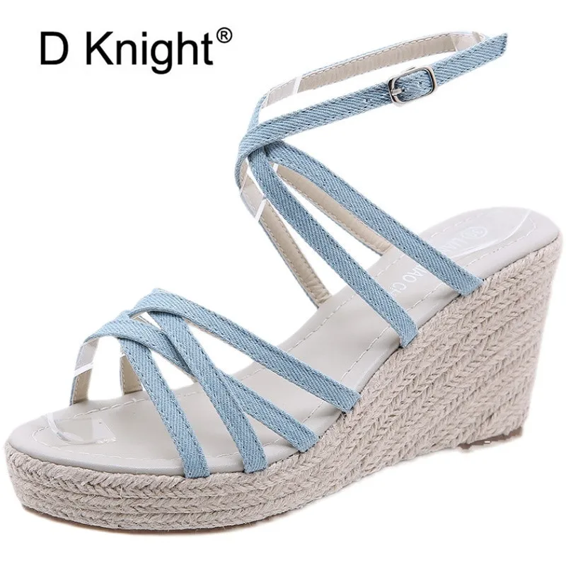 2021 Summer New Denim Platform Women Espadrille Shoes Leisure Straw Wedge  Sandals Blue Cross Strap Roman High Heels Ladies Shoes - Women's Sandals -  AliExpress