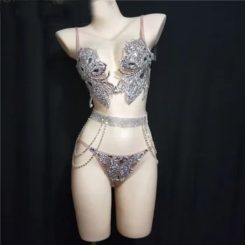 

Shining Rhinestone Bikini Outfit Women Sexy Party costumes Bra Short Silver Bikinis Bling Stage Dance Nightclub Dancewear