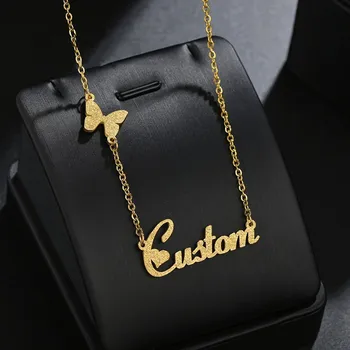 

Custom Name Necklace Personality Stainless Steel Gold Choker Nameplate Pendant with Butterfly Frosted Necklace Gift