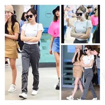 

kpop Blackpink Jennie the same White Letter Embroidered Short Sleeve T Shirt and Loose High Waist Long Pants women Two-piece set