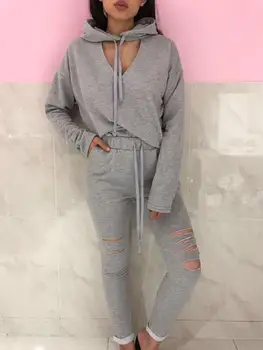 

Women Sports Tracksuits 2PCS Plus Size Sets Solid Long Sleeve Hoodies Sweatshirt Tops+Ripped Hole Pants Outfits 3colors S-2XL