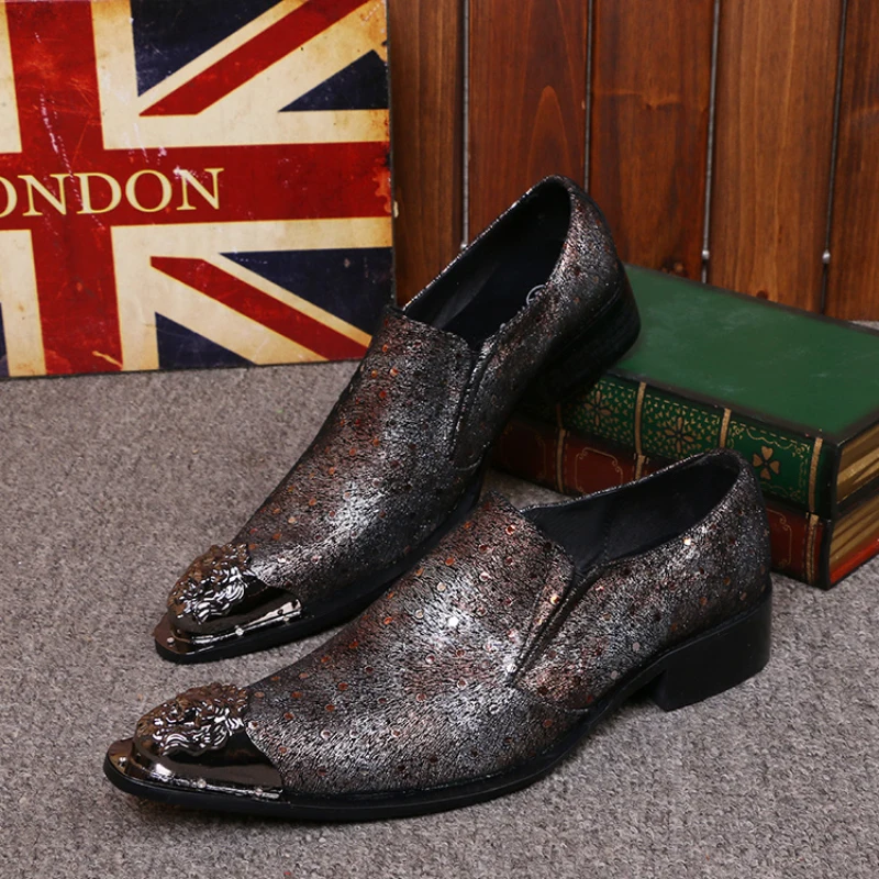 

Christia Bella Large Size Man Metal Pointed Toe Shoes Dot Sequins Genuine Leather Men's Dress Shoes Male Handmade Party Shoes