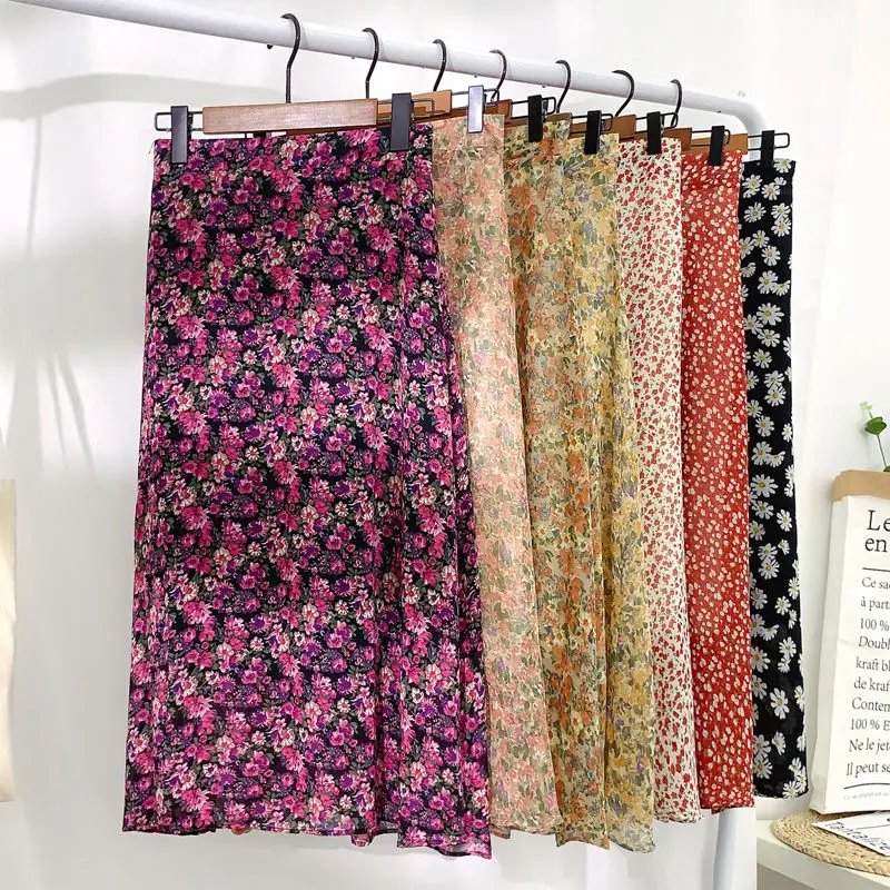 

Print Female Skirt Maxi Beach Skirt S-3XL 2021 Spring Summer High Waist Chiffon Women Skirts Casual Floral