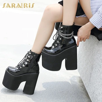 

Lapolaka 2020 Fashion New Thick High Heels Ankle Boots Women Shoes Zip Up Chain Platform Fetish Transgender Boots Shoes