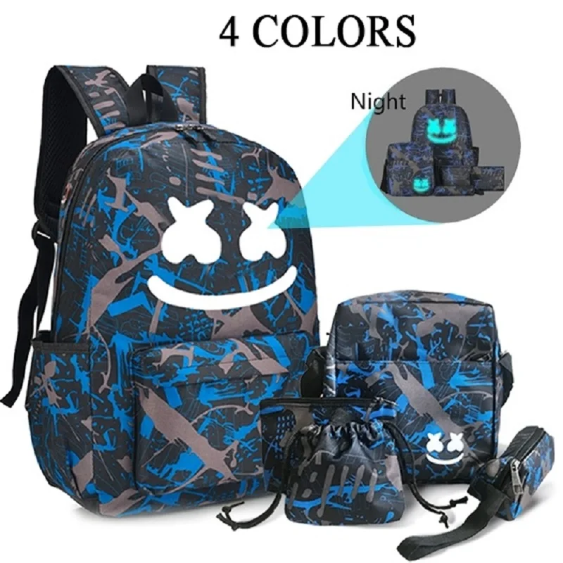 

Fashion 5-piece Smiley Luminous Student School Bag Outdoor Waterproof Mountaineering Bag