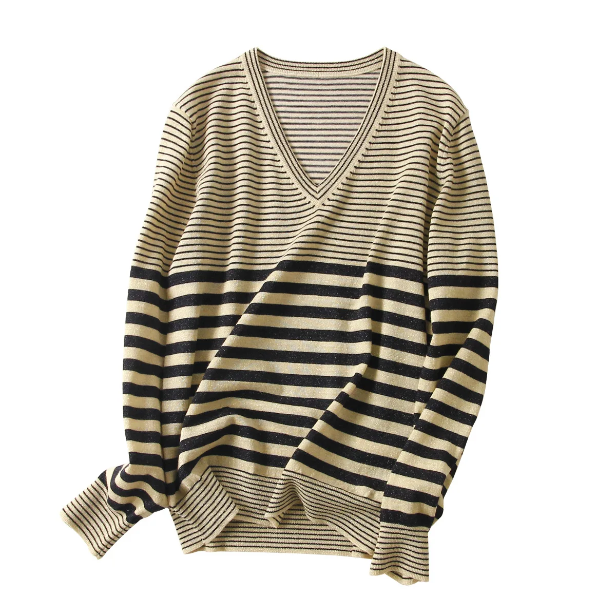 

Fall 2019 gold shiny 100% wool sweater is exquisite not firm v-neck turtleneck sweater fashion stripe coat female