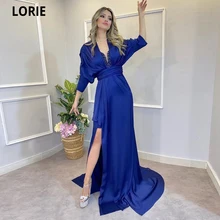 

LORIE Sexy Sparkly Beaded Long Prom Dresses 3/4 Sleeves Deep V Neck Saudi Arabia Evening Dress Formal Party Prom Gowns Side Slit
