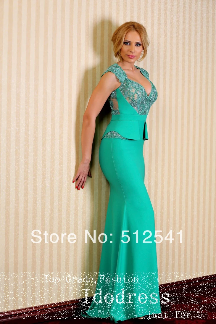 Best Selling Peplum Everning Dresses V Neck Trumpet Mermaid Sequin Lace Cap Sleeve Formal Gowns yk8R936