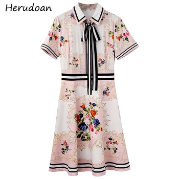 

Herudoan Fashion Runway Designer Summer Short Dress Women Short Sleeve Bow Rose Flower Print Vintage A-Line Mini Dress Vestidos