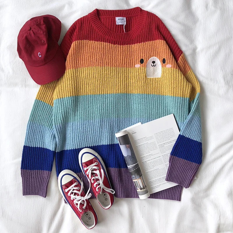 

Rainbow Women Sweater Long Sleeve Cartoon Kawaii Female Jumper Tops for Autumn