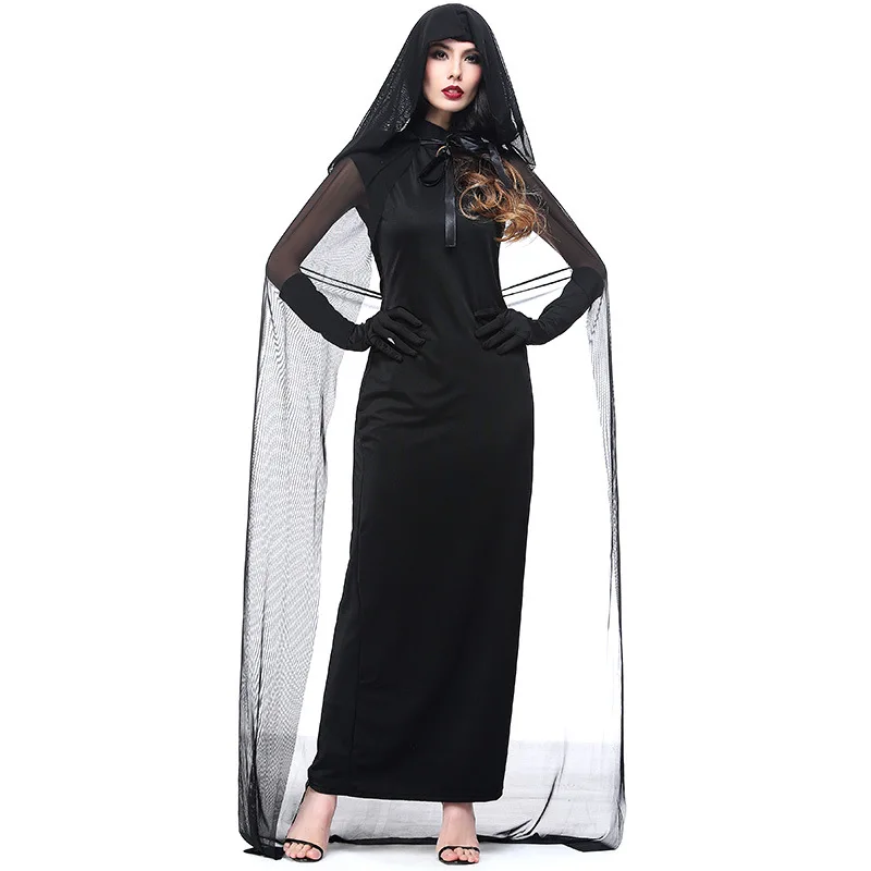 Women kid Halloween party cosplay black ghost grim peaper vampire costume black witch bride dress costumes cape for adult