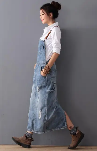 Women Loose Denim Dress Ladies Bleached Holes Denim Dress Female Spaghetti Strap Ripped Vintage Denim Dresses 5