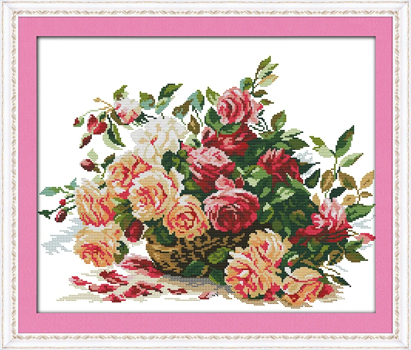 cuadro punto de cruz flores rosas enmarcado - Compra venta en todocoleccion