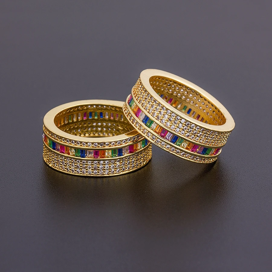 New Geometric Luxury Boho Rainbow Copper Cubic Zirconia Ring For Women Charm Gold Color