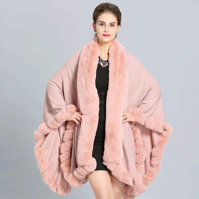 Зимнее модное пальто с большим банановым воротником из лисьего меха, длинный вязаный кашемировый плащ, шаль, пальто для женщин, хорошие вечерние накидки из искусственного меха - Цвет: Розовый