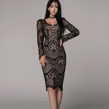 

Simple Sexy Lace Embroidery Women Party Dress Elegant Long Sleeve Formal Dress Ruffled Ladies Office Dress Robes De Soiree