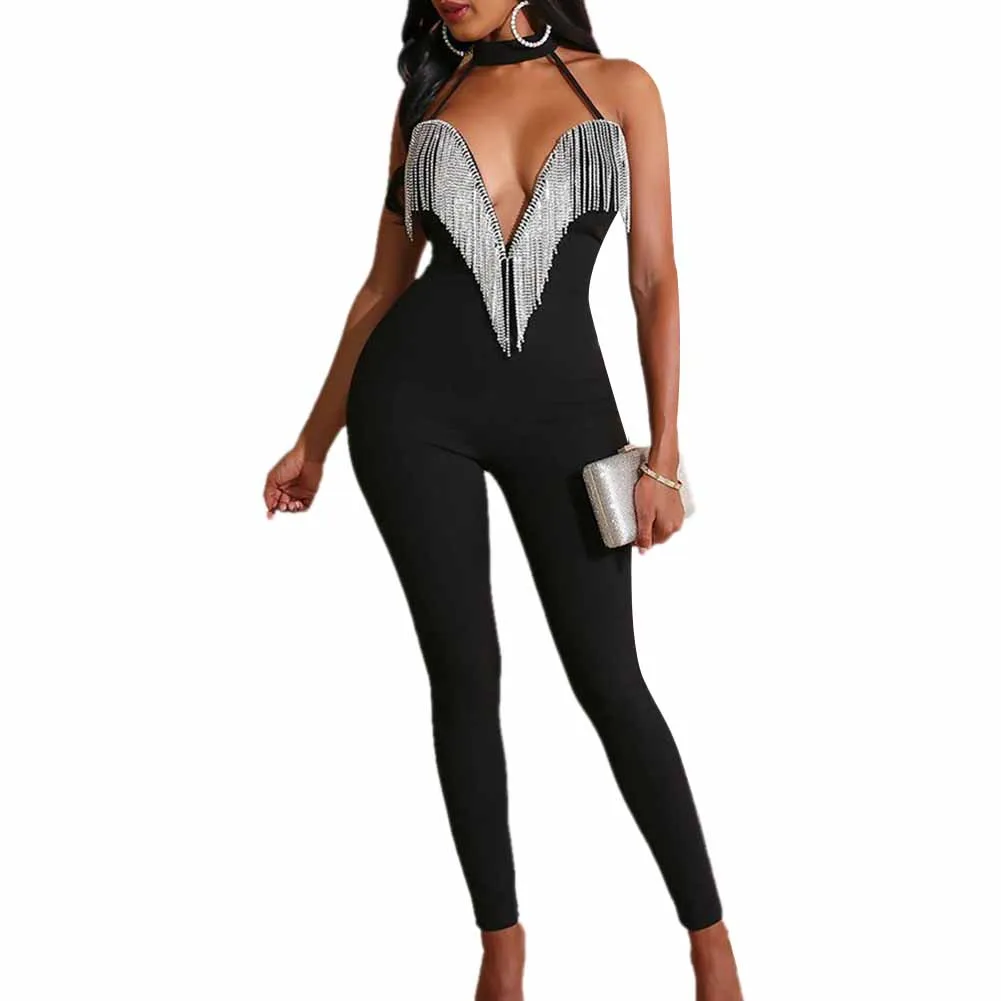 

A Fashion Jumpsuit Women Vestidos Jumpsuit Romper Overalls Sexy Deep V Tassels Tight Rompers Female Sexy macacao feminino
