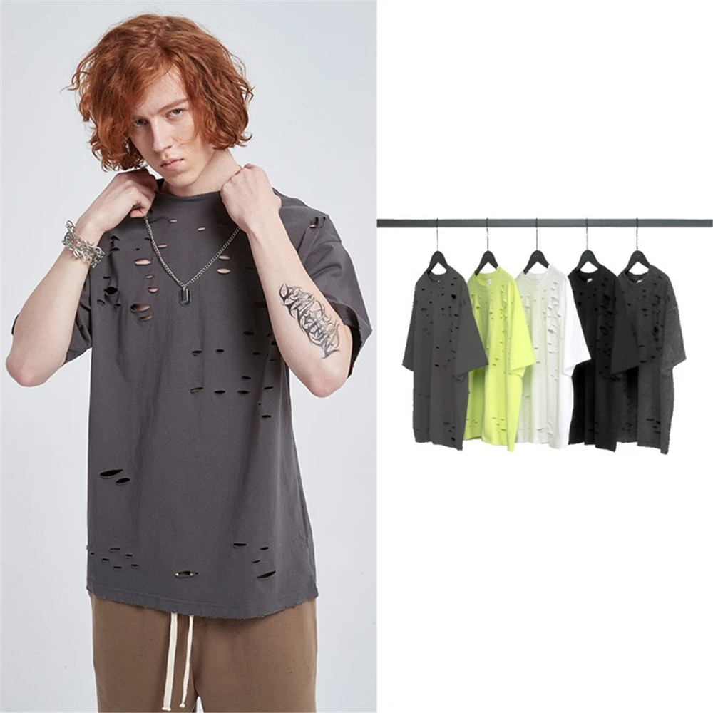 

Men's Summer Trend Fashion Cotton Solid Color Hole T-shirt Casual Retro Loose Round Collar Washed Frayed Hip Hop Short Sleeve