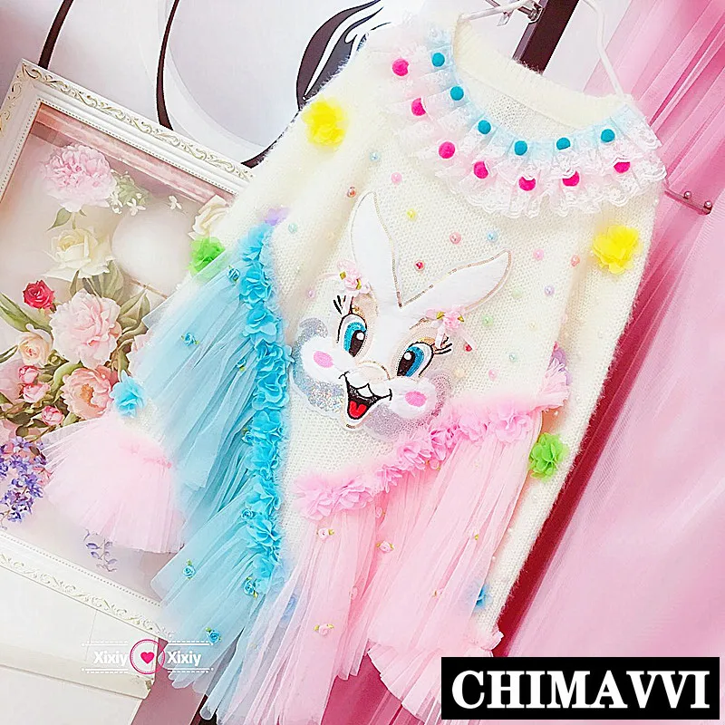 Korean Trendy Cute Cartoon Rabbit Sequins Mesh Splicing Hand-made Flower Pullover Sweater Women Girls Loose Knitwear Jumpers | Женская