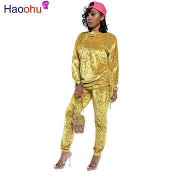 

HAOOHU 2019 Autumn Winter Velvet Two Piece Set Long Sleeve Drawstring Loose Pullover Top Sweatshirts Casual Pants Tracksuit