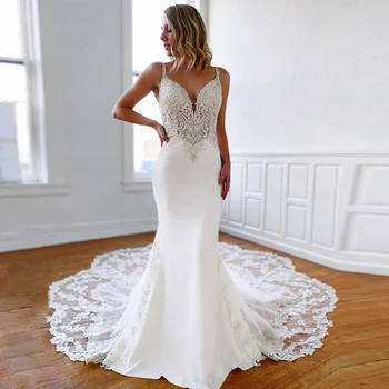 

2020 Latest Luxury Applique Lace Beading Sleeveless Chapel Train Mermaid Bridal Dress Wedding Gown