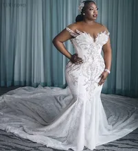 

YiMinpwp Beaded Mermaid Wedding Dresses Sheer Neck Lace up Back Sweep Train Appliques Crystal Court House Bridal Gowns Custom