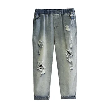 

Women Spring Jeans Lady Harem Pants Female Holes Denim Trousers Plus Size Fashion Vintage Bleached Loose L7-666