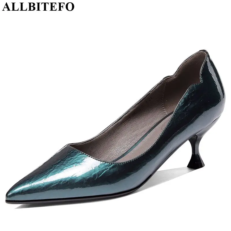 ALLBITEFO natural genuine leather women heels pointed toe high heel shoes spring autumn medium heel fashion office ladies shoes