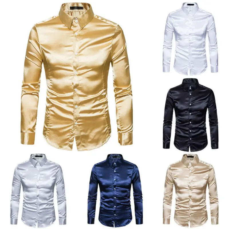 Vendedor Caliente De talla grande S-XXL camisa de los hombres de seda satinado suave hombres esmoquin liso camisa hombres Casual Slim Fit oro brillante vestido de boda camisas pBQKM3yJwX9