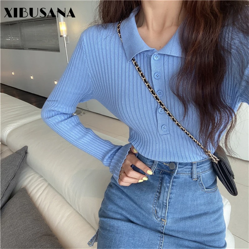 

XIBUSANA 2020 Autumn Turn-down Collar Single Breasted Solid Slim Sweaters Women Pit Article Knitted Casual Pullovers Tops Female