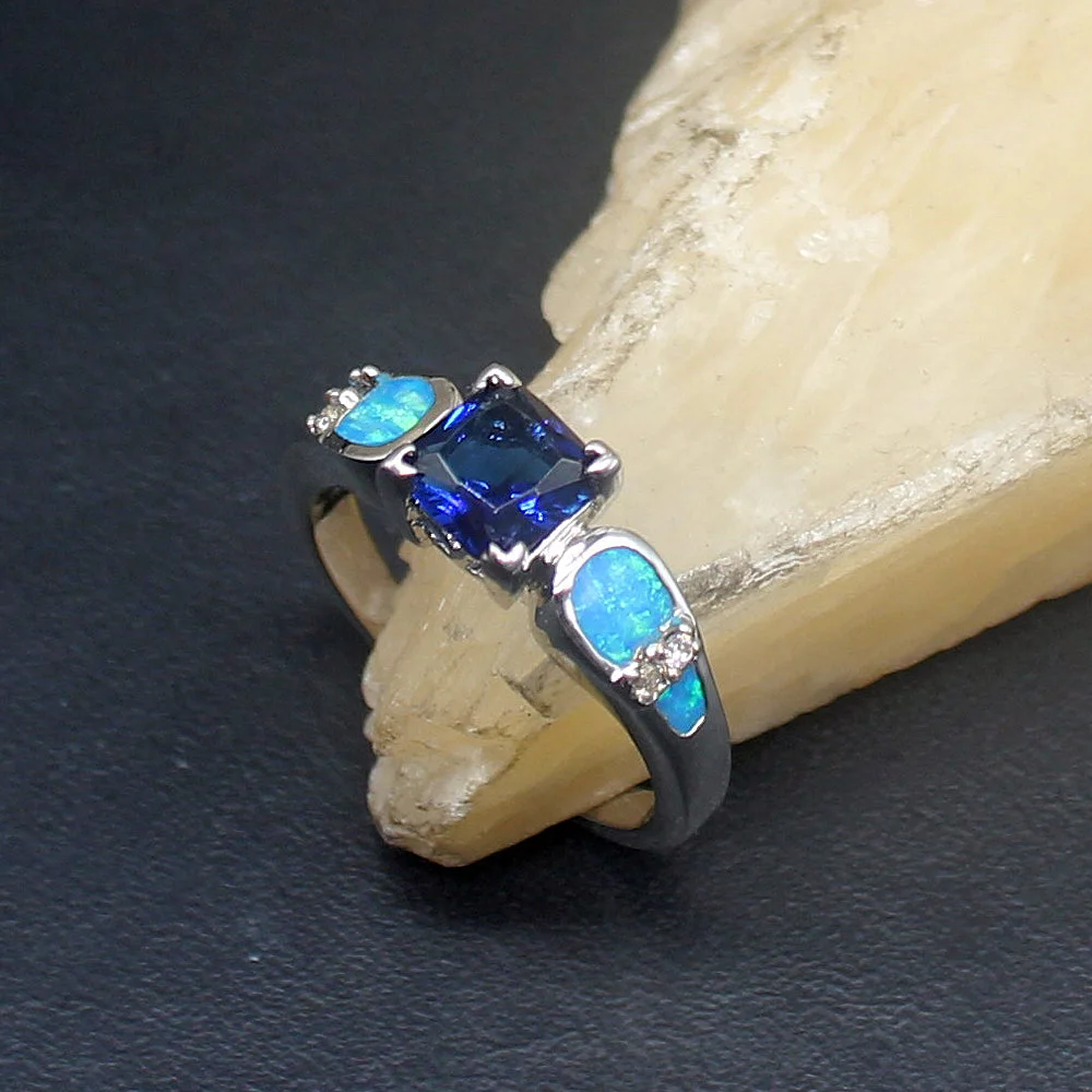 

Hermosa Blue Sapphire Mystical Opal Rare Genuine 925 Silver Band Ring Wedding Engagement Gifts for Women Size 6.5# 20214349