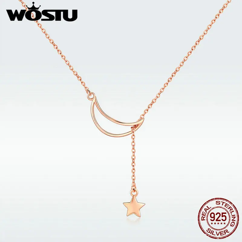 WOSTU Hot Fashion Authentic 925 Sterling Silver Rose Golden Color Moon &amp Star Necklace For Women Making Noble Jewelry BKN108-c |