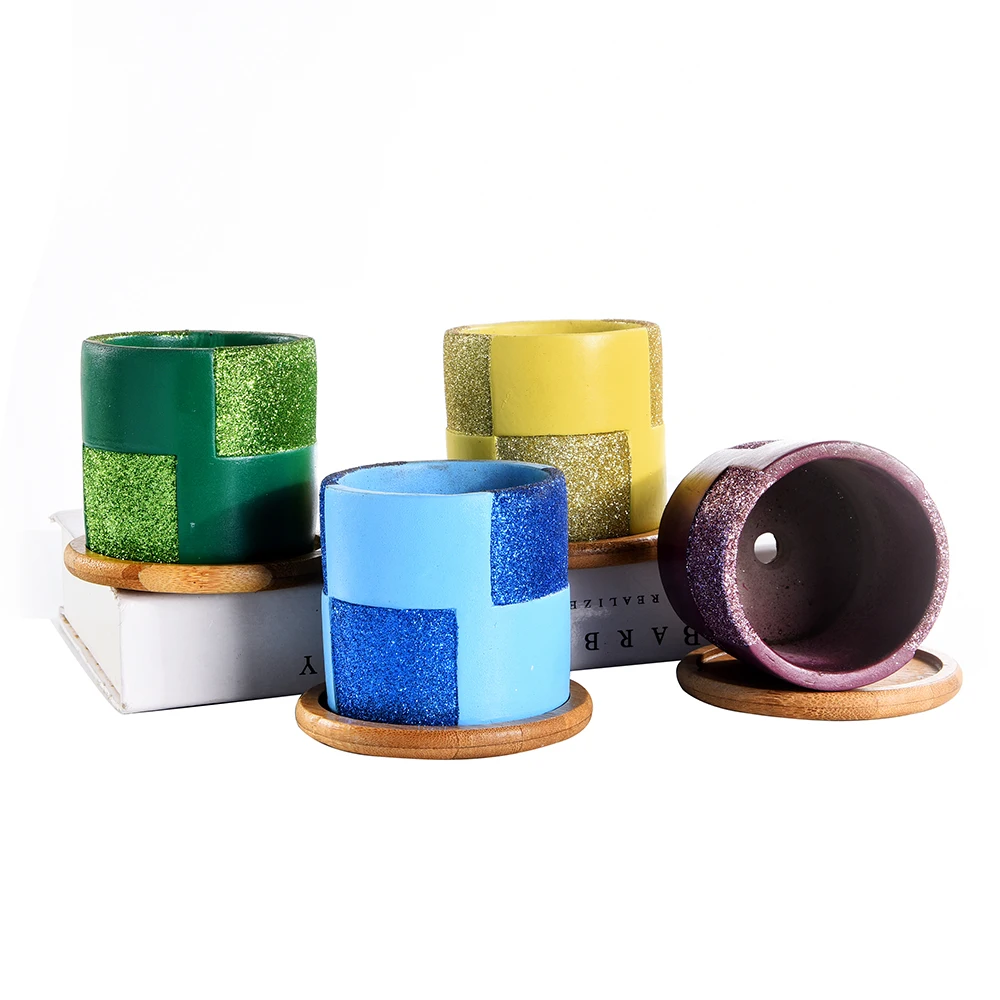 Glitter Surface Succulent Planters Cement Pots with Bamboo Tray Grey, for Home,Office Decor Perfect Gift Idea 3.14Inch 4 In set