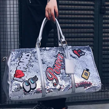 

Women Men Bling Sequin Handbag Leisure Large Capacity Travel Luggage Bag PU Leather Organizer Tote Fashion Duffle Bags #O