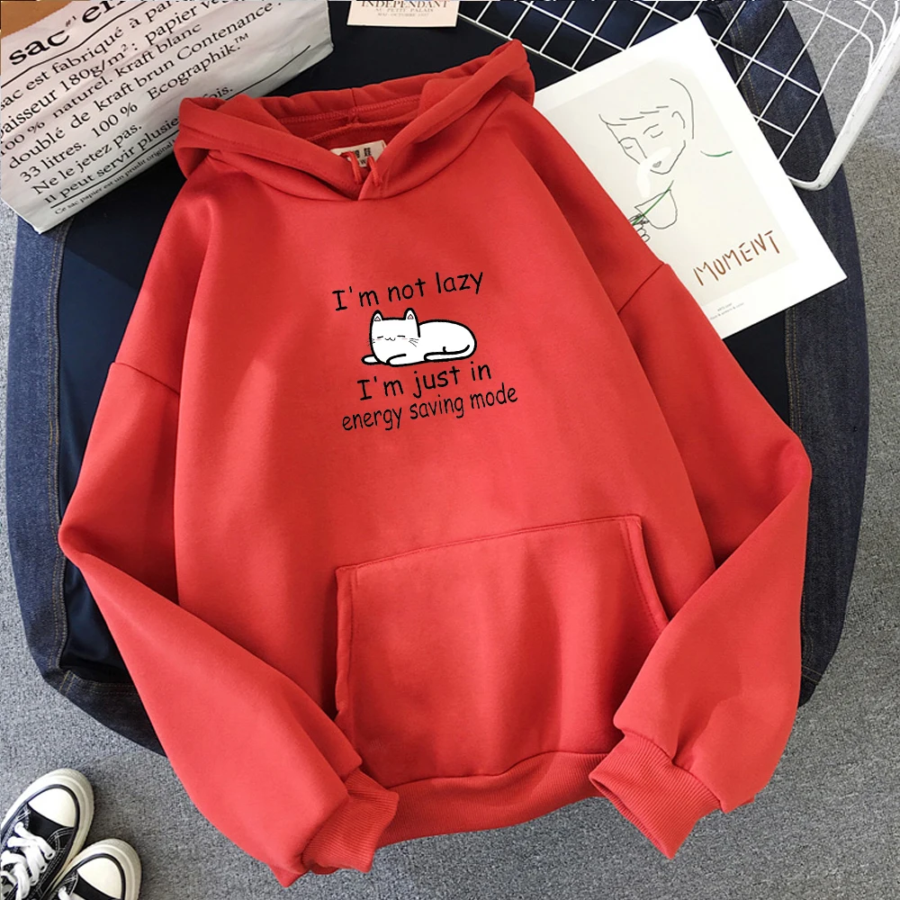thumbnail image 1 of Sudadera con capucha de manga larga para mujer, ropa de calle divertida, no soy mujer, Kpop, Harajuku, gráfico de gato de dibujos animados, letras perezosas, 1 of 5