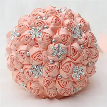 

European Wedding Bouquet With Pearl Beaded Romantic Bride 's Bouquet Shell Pink Satin Bridal Bridesmaid Holding Flowers W569