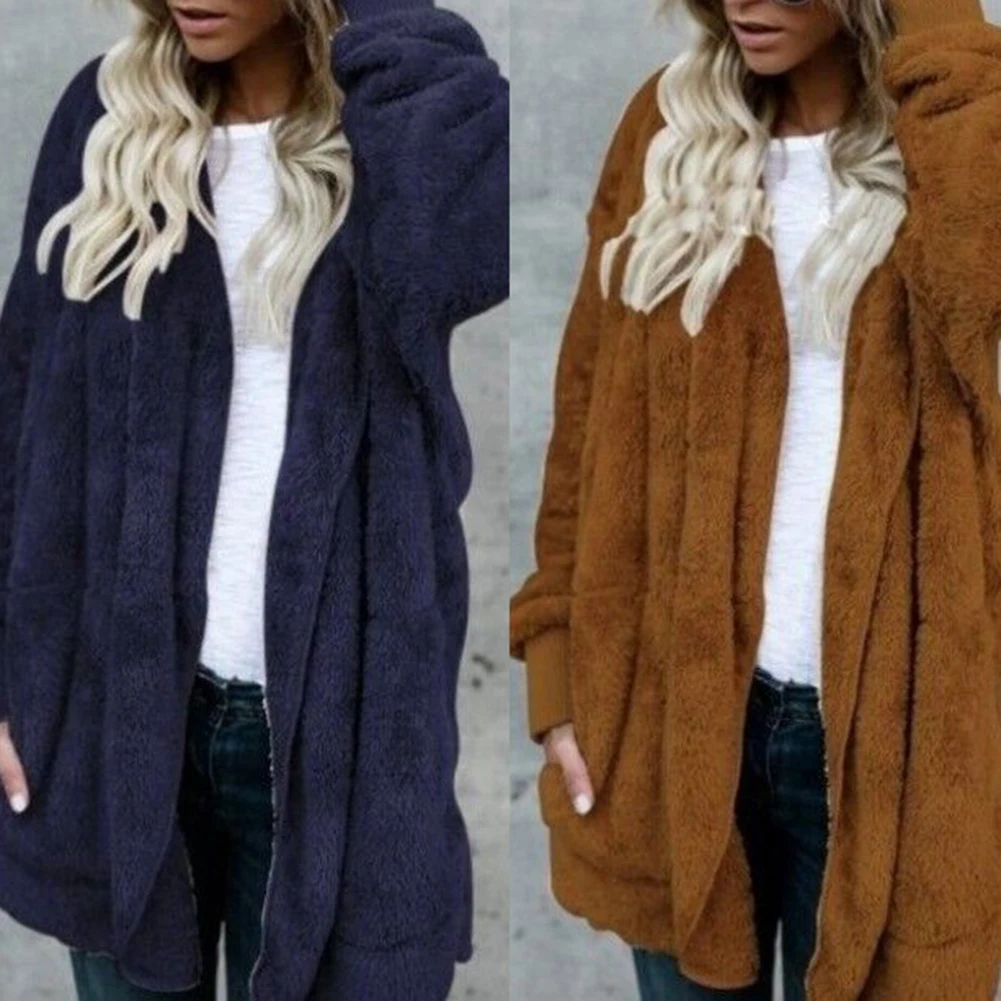 Женское меховое пальто с длинным рукавом, однотонное плюшевое пальто из искусственного меха, теплый кардиган с капюшоном, верхняя одежда, осенне-зимнее пальто