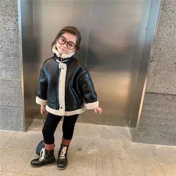

DFXD High Quality Baby Girls Winter Fleece Faux Leather Jacket Fashion Lamb Woolen Motorcycle PU Coats Black Zipper Warm Outwear