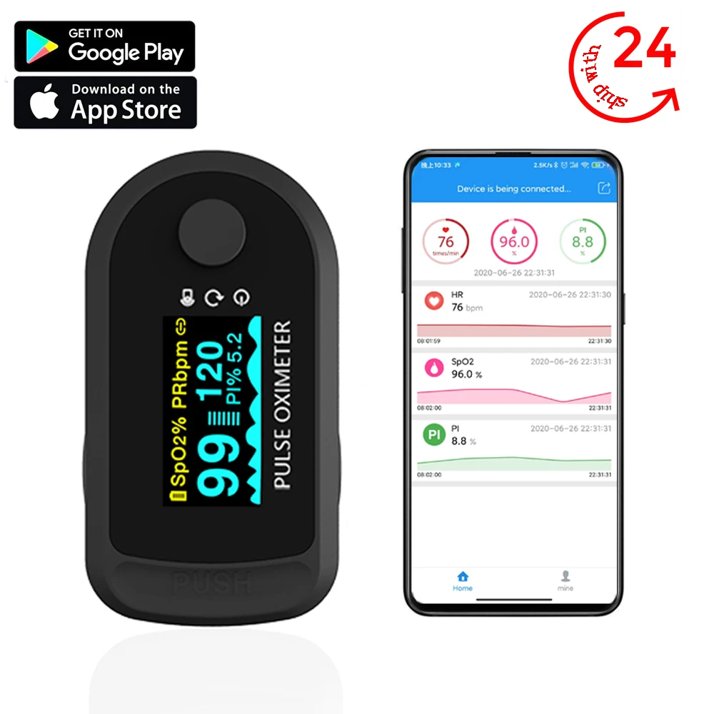 

Fingertip Pulse Bluetooth Oximeter High-precision digital Alarm settings Oximetro de dedo SPO2 PR PI Android iOS Free APP FDA CE