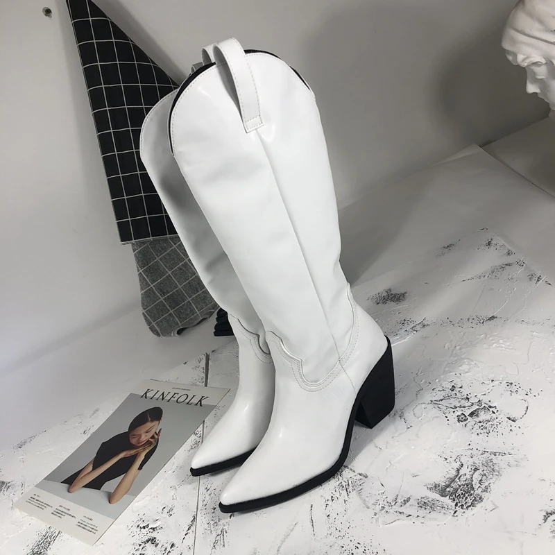 Scarpe donna/ г. Зимняя женская обувь однотонные черные и белые сапоги до колена с острым носком модная женская обувь botas mujer invierno