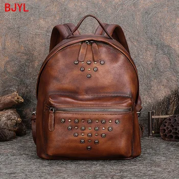 

2020 Vintage genuine leather women backpack soft ladies handmade large-capacity school backpack casual studded leather backpacks