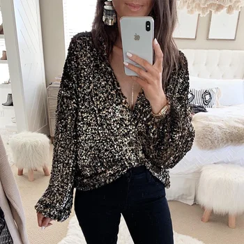 

Long sleeve Sequin shirt female 2020 Spring New Fashion Shirts Long Sleeve Deep V-neck sexy women wear