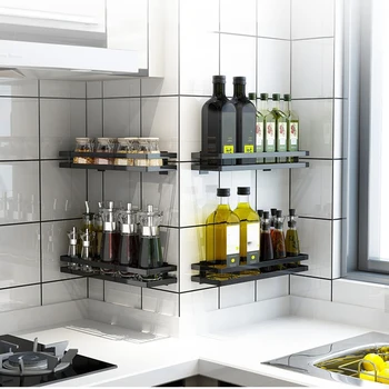 

2 Pack Metal Kitchen Bathroom Shelf Wall Mount Non-Punching Condiment Storage Rack Dish Drying Rack 25X12X6cm-Black