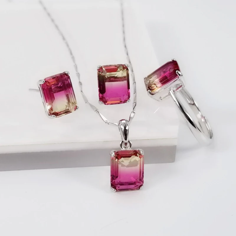 

Stud Earrings Necklaces Rings Jewelry for Woman Colorful Silver Jewelry Sets 925 Sterling Silver Rectangle Gradient