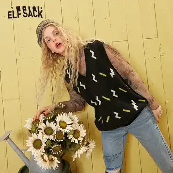

ELFSACK Pink Colorful Jacquard Knitted Pullover Women Sweater Vest 2020 Autumn New Green Sleeveless Korean Ladies Daily Top