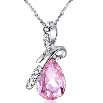 

5 colors gemstones diamonds pendant necklaces for women champagne citrine blue amethyst crystal water drop silver color jewelry