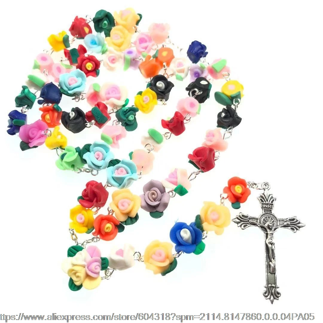 Смешанные цвета, мягкие серами, четки, роза, бусы, Крест Иисуса, ожерелье, дева, Гуадалупе, четки, центр