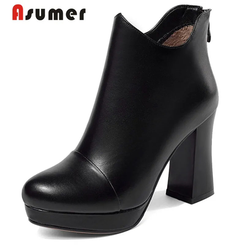 Женские ботинки из натуральной кожи ASUMER черные ботильоны на платформе и толстом